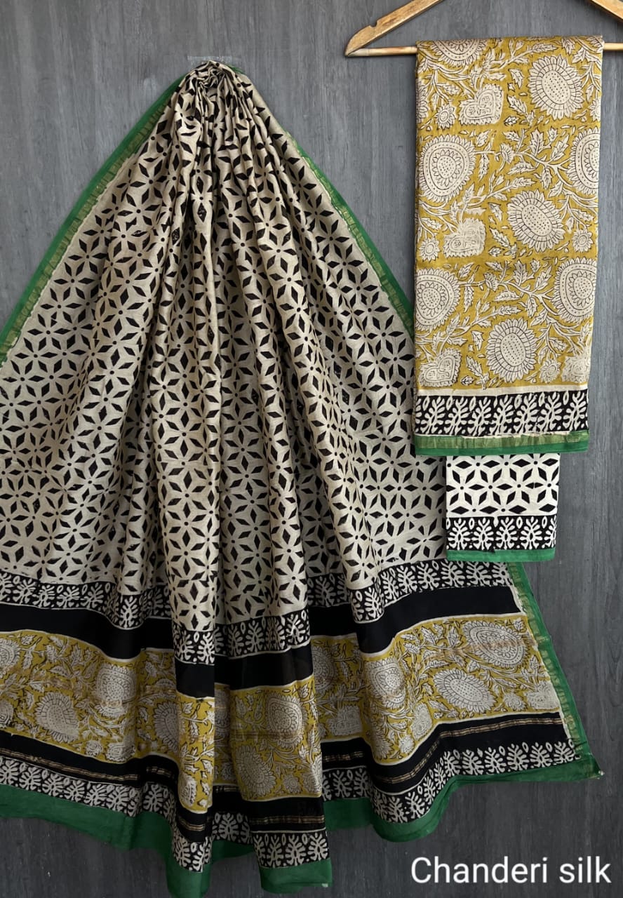 Chanderi Silk Black & Beige Unstitched Suit Set – 3 Piece (Top, Dupatta & Cotton Bottom)