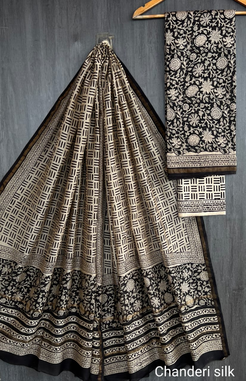 Chanderi Silk Black & Beige Unstitched Suit Set – 3 Piece (Top, Dupatta & Cotton Bottom)