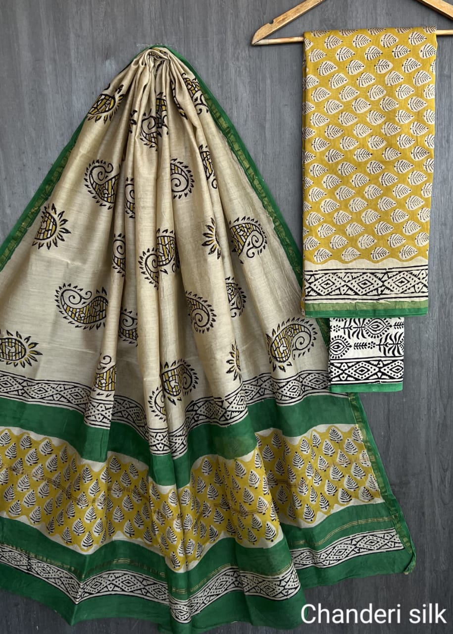 Chanderi Silk Paisley Unstitched Suit Set – 3 Piece (Top, Dupatta & Cotton Bottom)