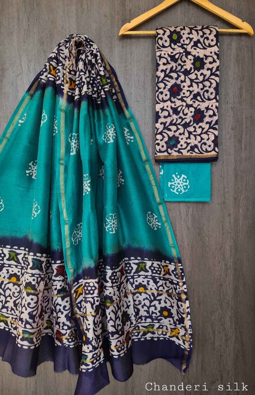Chanderi Silk Indigo & Teal Unstitched Suit Set – 3 Piece (Top, Dupatta & Cotton Bottom)