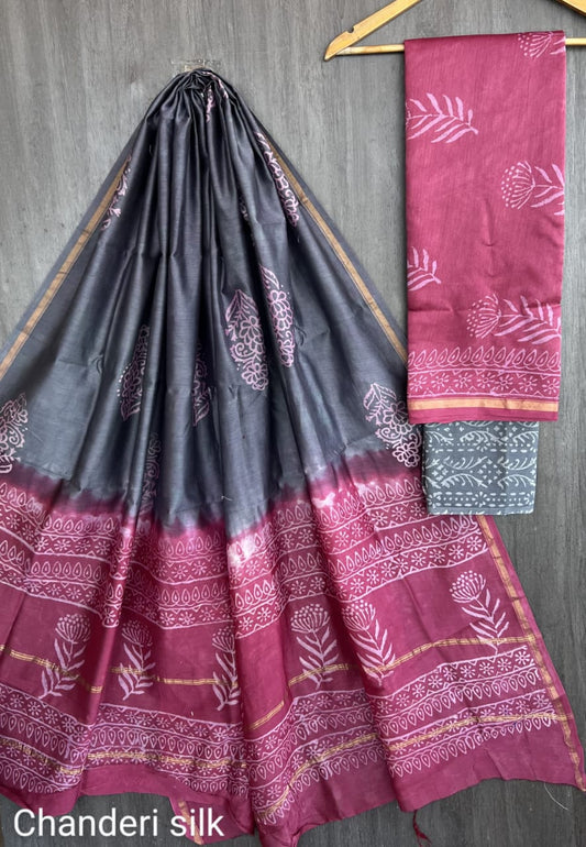 Chanderi Silk Indigo & Teal Unstitched Suit Set – 3 Piece (Top, Dupatta & Cotton Bottom)