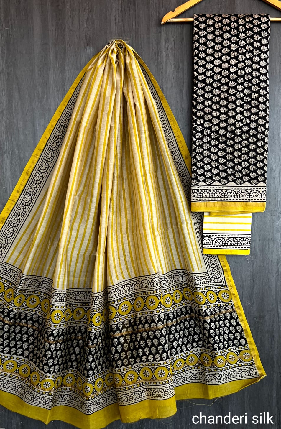 Yellow & Black Chanderi Silk Suit Set with Cotton Bottom