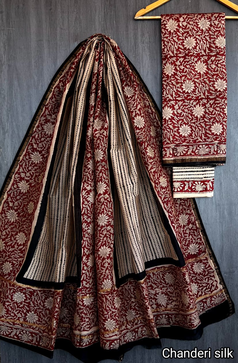 Chanderi Silk Yellow & Ivory Unstitched Suit Set – 3 Piece (Top, Dupatta & Cotton Bottom)