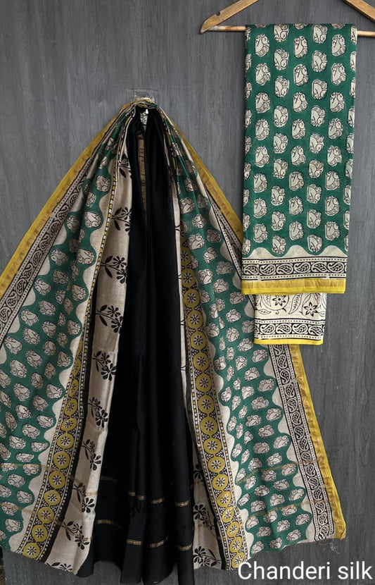 Chanderi Silk Yellow & Ivory Unstitched Suit Set – 3 Piece (Top, Dupatta & Cotton Bottom)