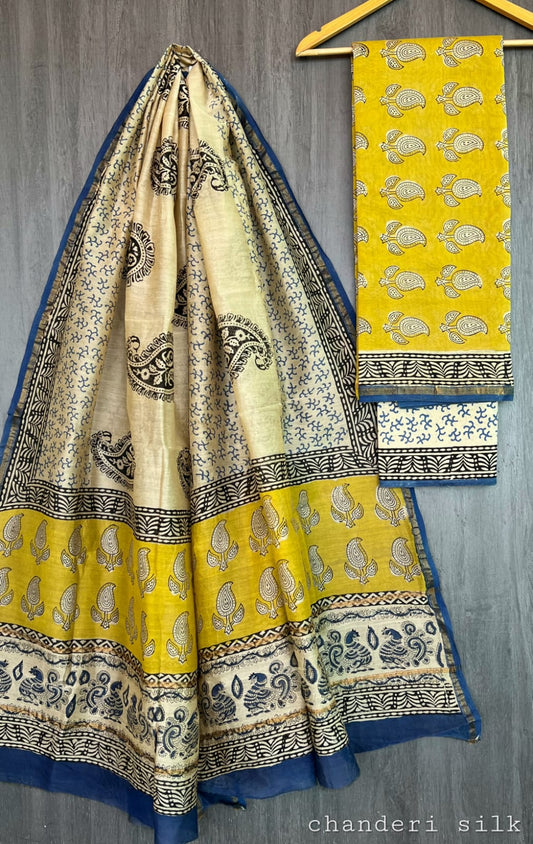 Chanderi Silk Paisley Unstitched Suit Set – 3 Piece (Top, Dupatta & Cotton Bottom)
