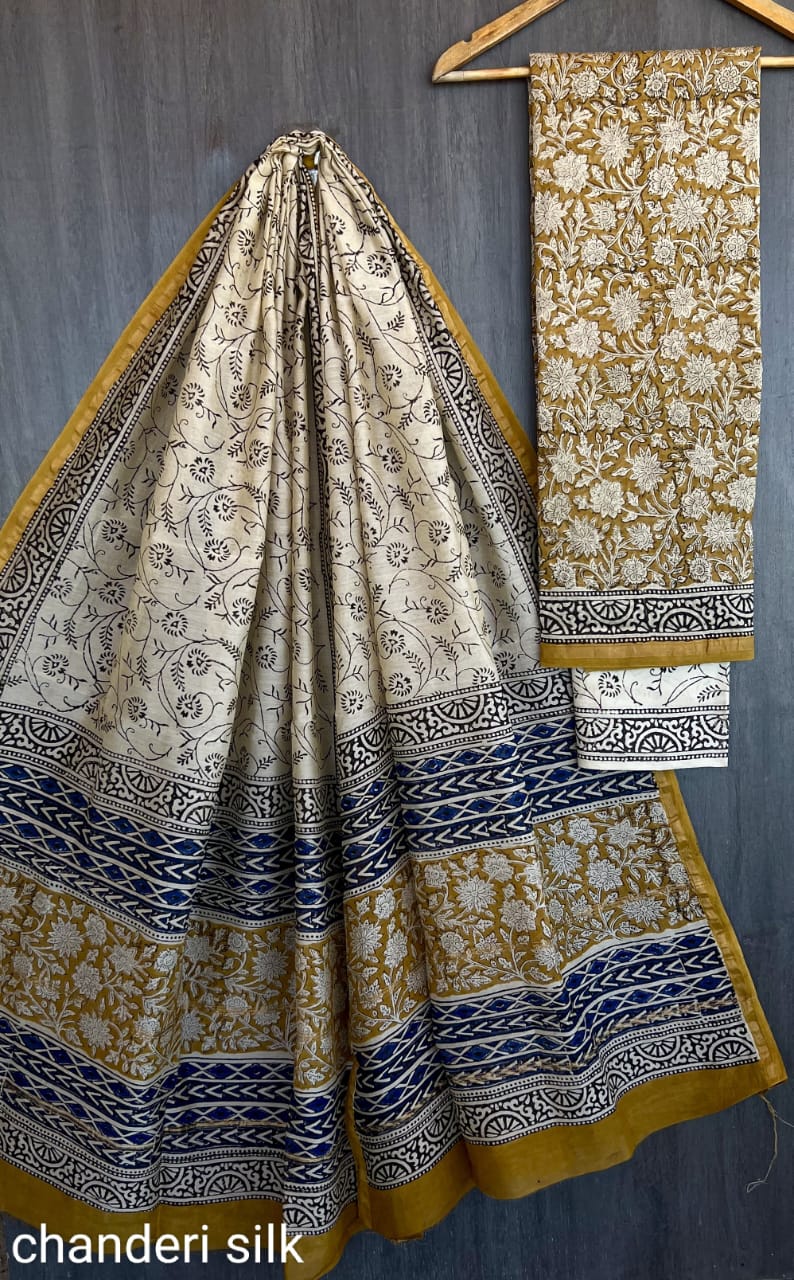 Chanderi Silk Black & Beige Unstitched Suit Set – 3 Piece (Top, Dupatta & Cotton Bottom)