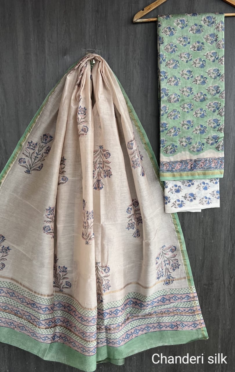 Chanderi Silk Floral Unstitched Suit Set – 3 Piece (Top, Dupatta & Cotton Bottom)