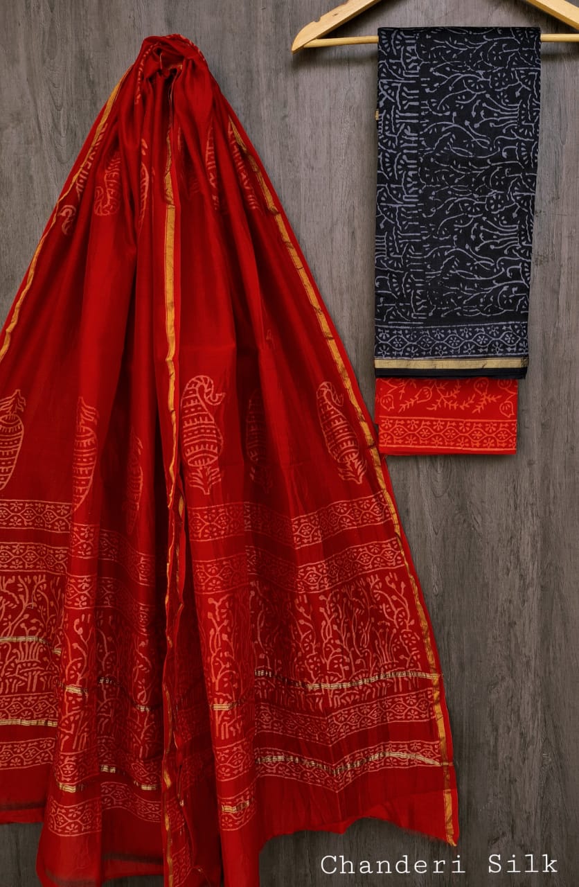 Chanderi Silk Suit Set with Cotton Bottom