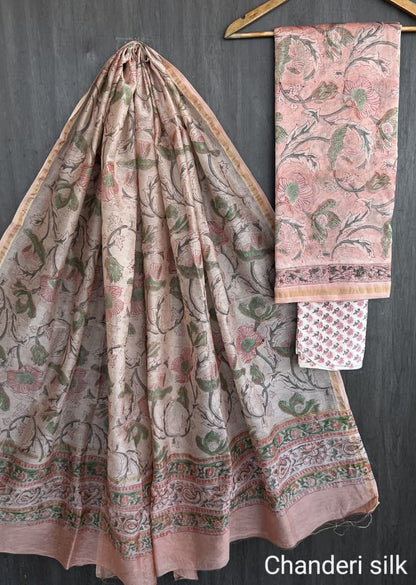 Pastel Beige & Floral Chanderi Silk Suit Set with Cotton Bottom