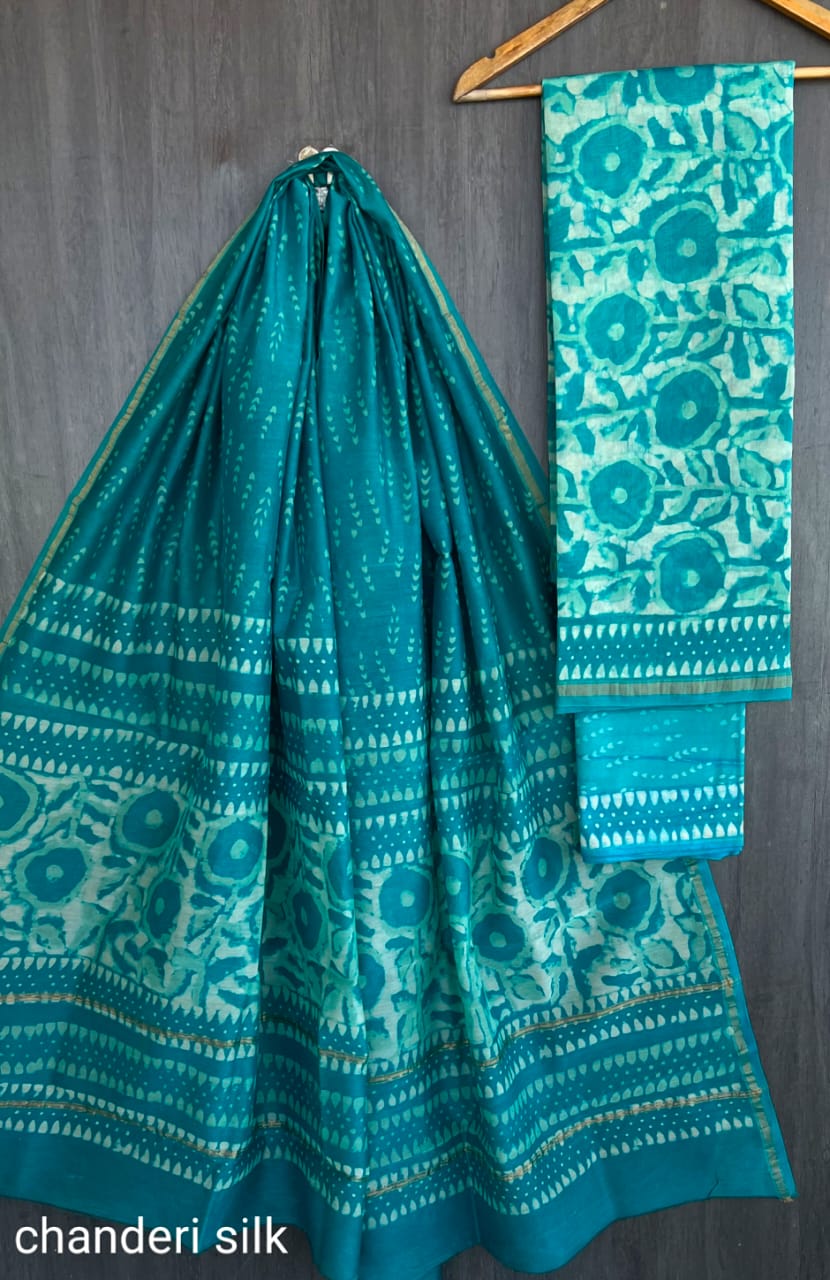 Chanderi Silk Suit Set with Cotton Bottom