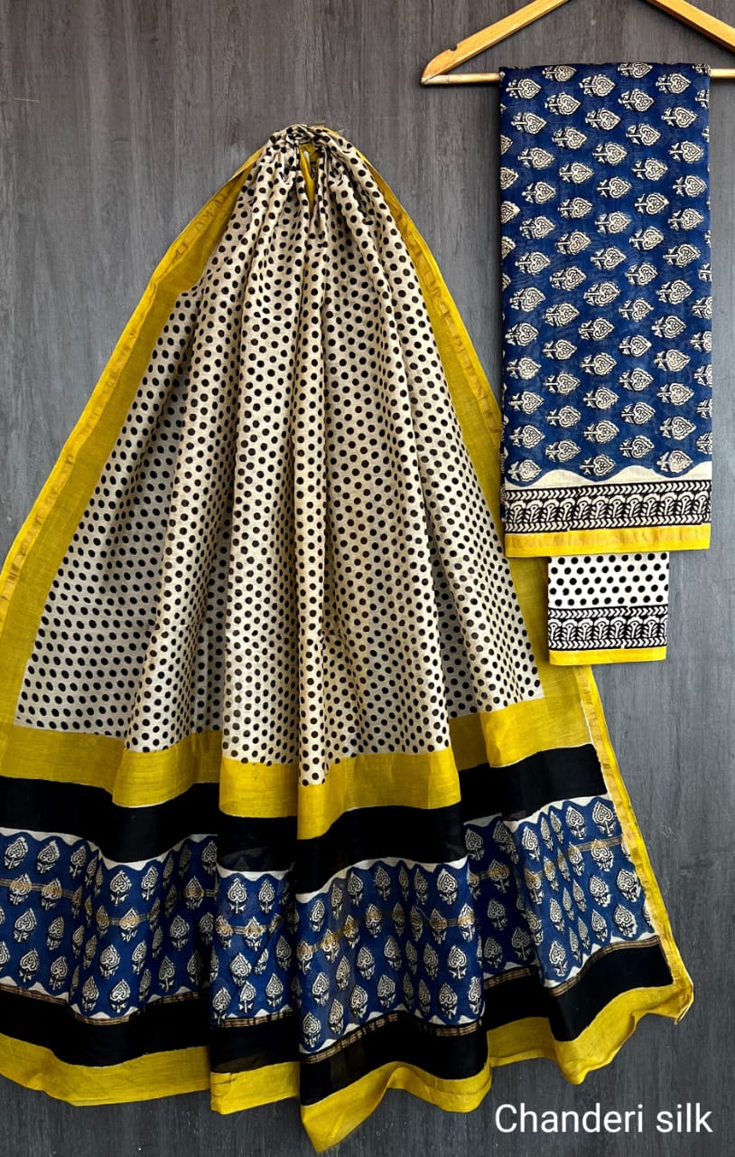 Black & White Polka Dot Chanderi Silk Suit Set with Blue Cotton Bottom
