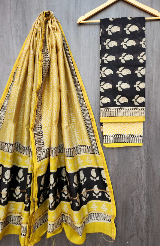 Chanderi Silk Beige & Navy Unstitched Suit Set – 3 Piece (Top, Dupatta & Cotton Bottom)