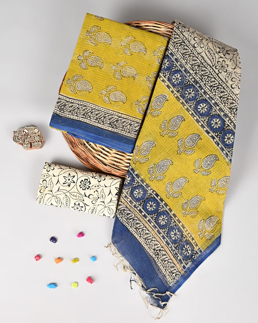 Kota Doriya Unstitched Suit Set – Mustard & Blue with Paisley Block Prints