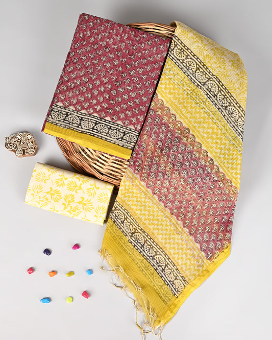 Unstitched Kota Doriya Suit Set – Maroon & Yellow with Block Printed Patterns