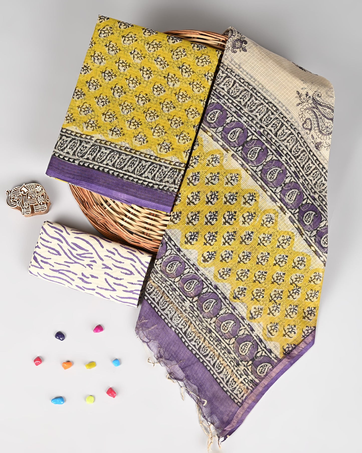 Hand Block Printed Kota Doriya 3-Piece Suit Set – Yellow & Purple