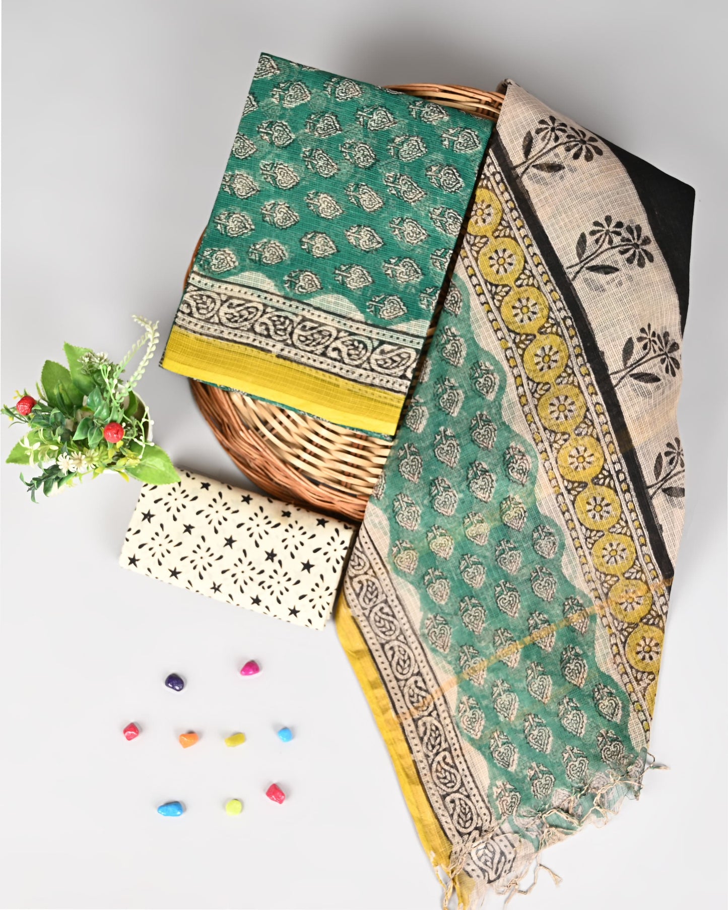 Hand Block Printed Kota Doriya 3-Piece Suit Set – Green & Beige