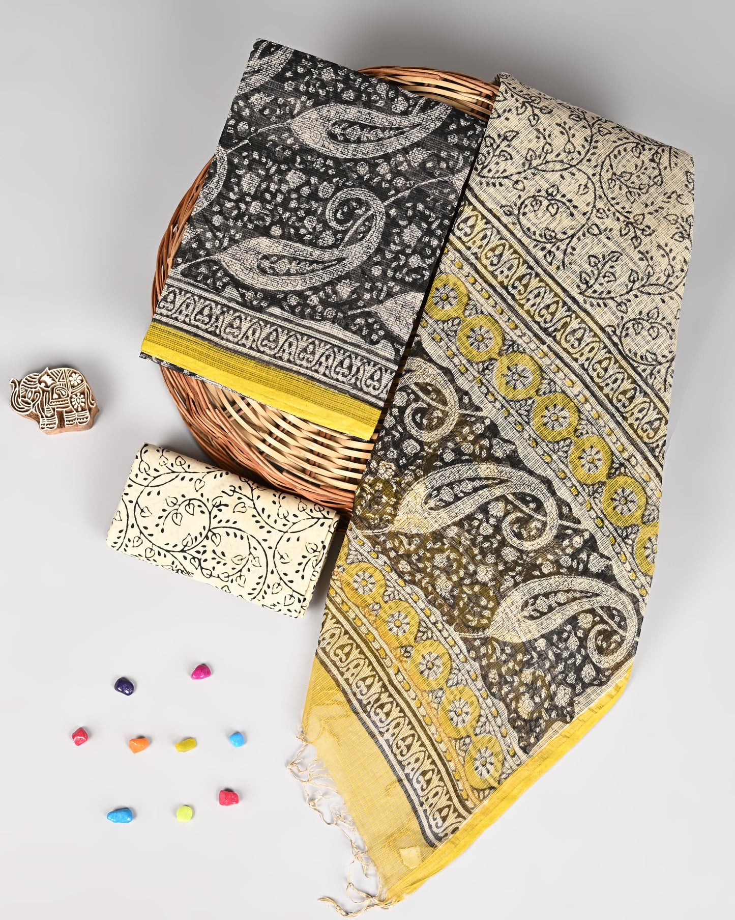 Hand Block Printed Kota Doriya 3-Piece Suit Set – Black & Beige