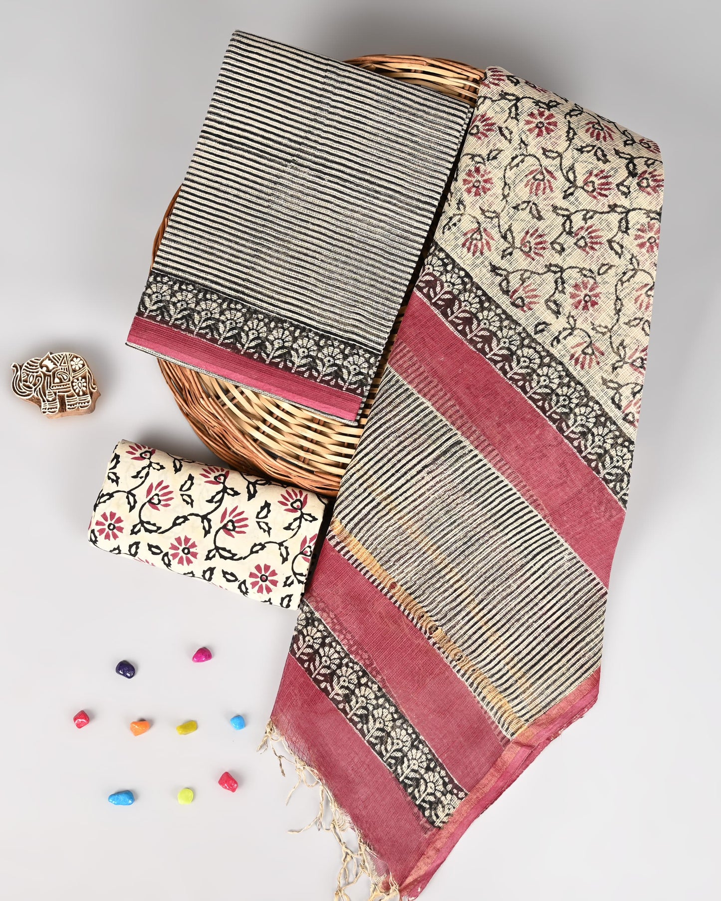 Hand Block Printed Kota Doriya 3-Piece Suit Set – Black & Maroon