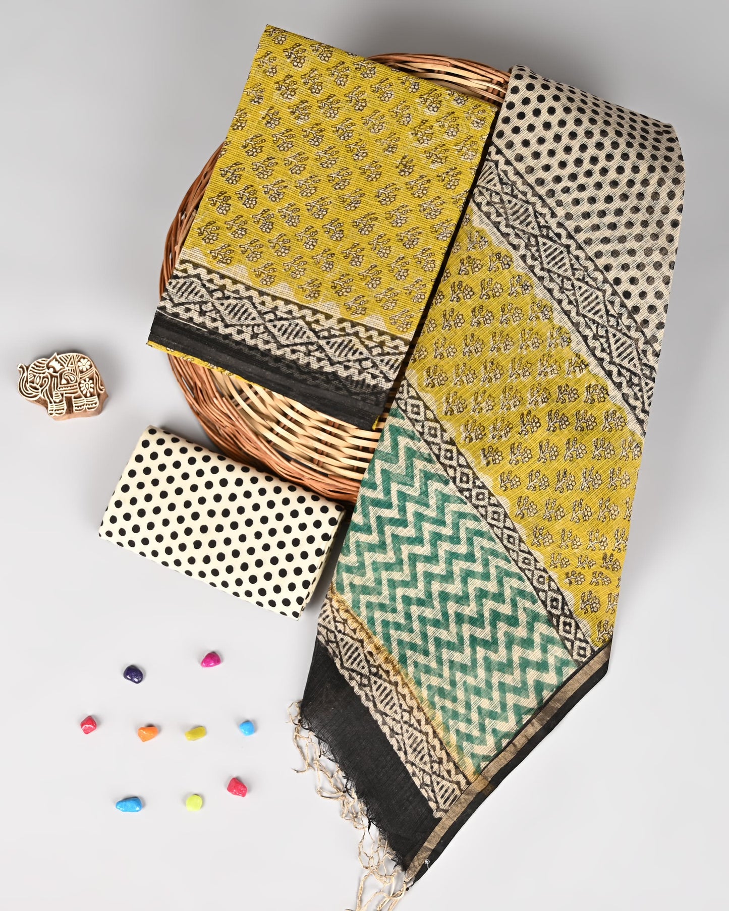 Hand Block Printed Kota Doriya 3-Piece Suit Set – Yellow & Green