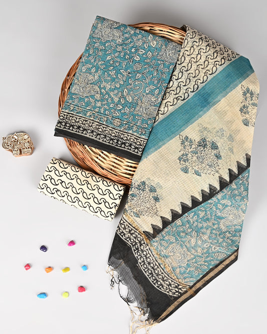 Hand Block Printed Kota Doriya 3-Piece Suit Set – Teal Blue & Beige