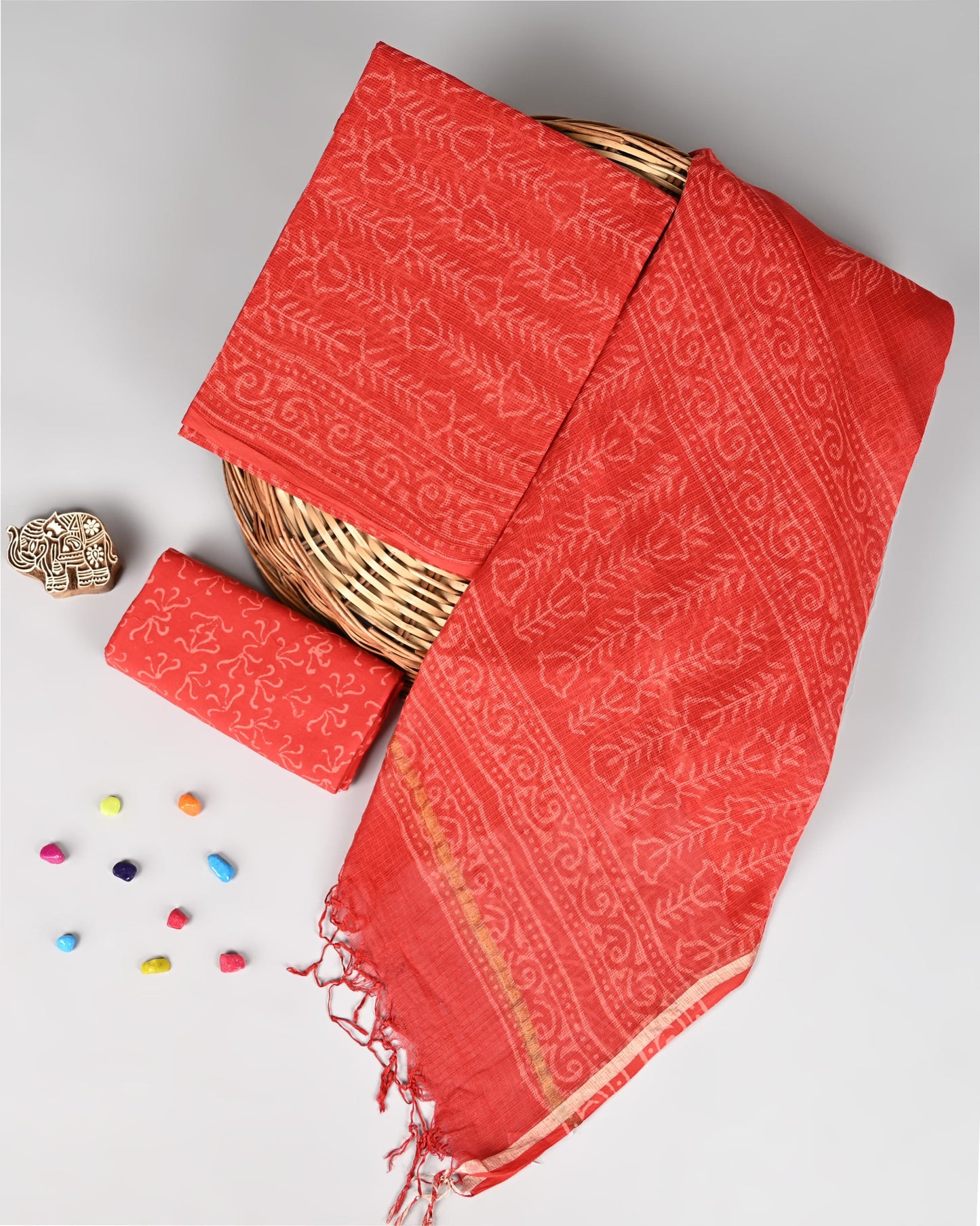 Purple Kota Doriya Suit Set – Printed Kota Doriya Top & Dupatta with Cotton Bottom (Unstitched 3-Piece Set)