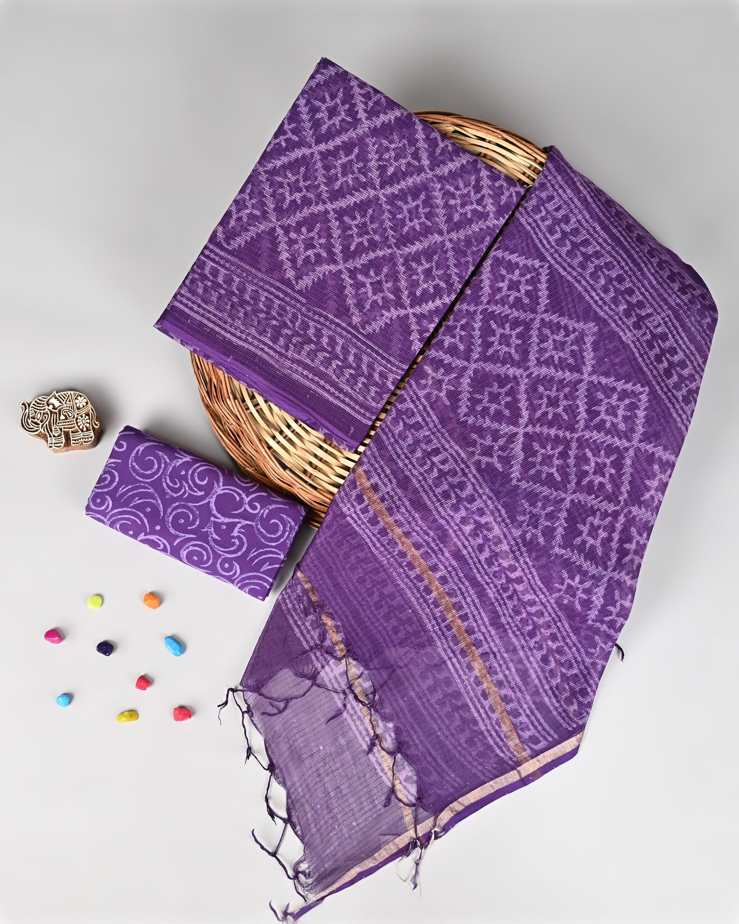 Purple Kota Doriya Suit Set – Printed Kota Doriya Top & Dupatta with Cotton Bottom (Unstitched 3-Piece Set)