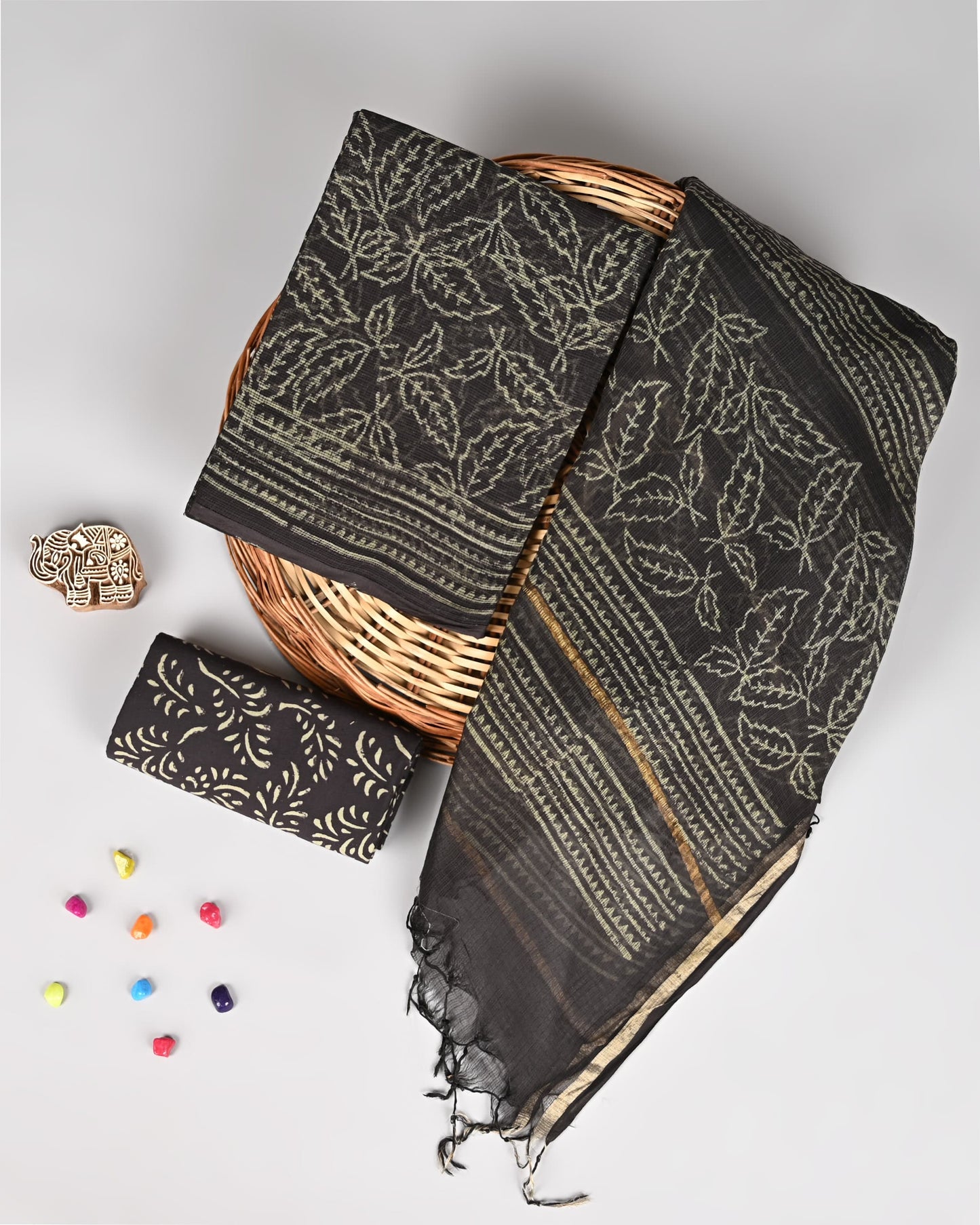 Purple Kota Doriya Suit Set – Printed Kota Doriya Top & Dupatta with Cotton Bottom (Unstitched 3-Piece Set)