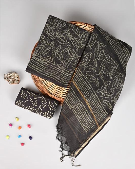 Purple Kota Doriya Suit Set – Printed Kota Doriya Top & Dupatta with Cotton Bottom (Unstitched 3-Piece Set)