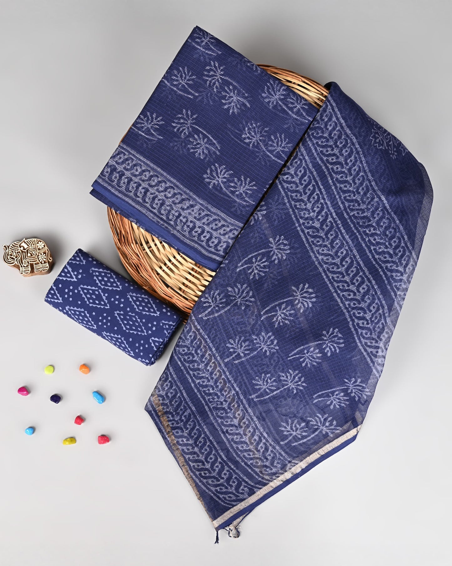 Purple Kota Doriya Suit Set – Printed Kota Doriya Top & Dupatta with Cotton Bottom (Unstitched 3-Piece Set)