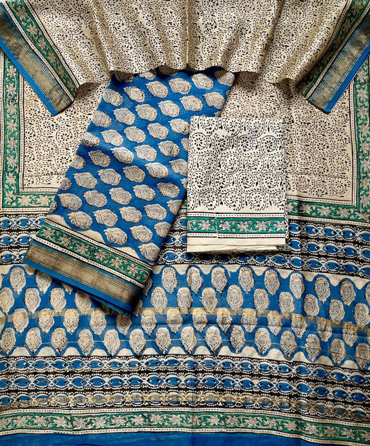 Maheshwari Silk Suit Set – Blue & Beige | Silk Top & Dupatta, Cotton Bottom