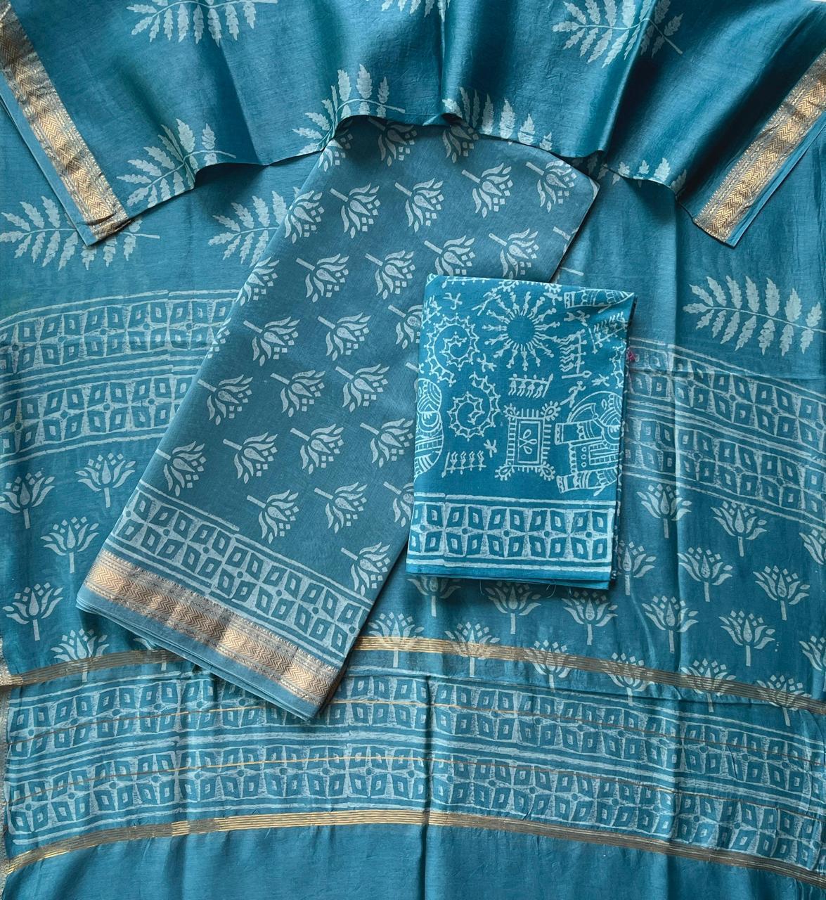 Teal Blue Maheshwari Silk Suit Set with Warli Art Cotton Bottom – Unstitched 3-Piece Set