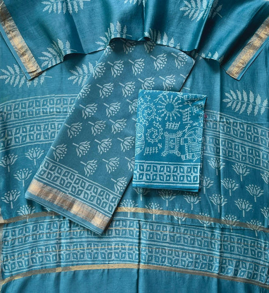 Teal Blue Maheshwari Silk Suit Set with Warli Art Cotton Bottom – Unstitched 3-Piece Set