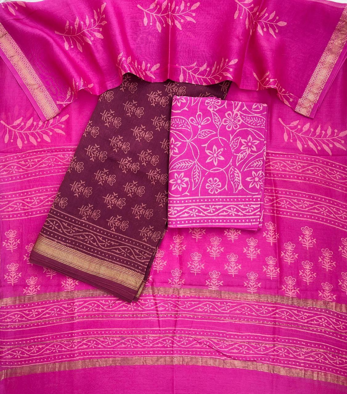 Rani Pink & Maroon Maheshwari Silk Suit Set – Unstitched 3-Piece with Floral Cotton Bottom