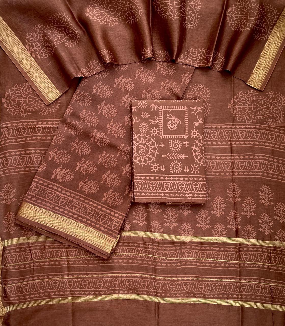 Teal Blue Maheshwari Silk Suit Set with Warli Art Cotton Bottom – Unstitched 3-Piece Set