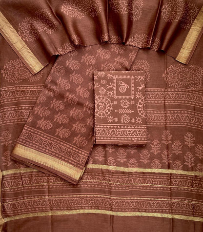 Teal Blue Maheshwari Silk Suit Set with Warli Art Cotton Bottom – Unstitched 3-Piece Set