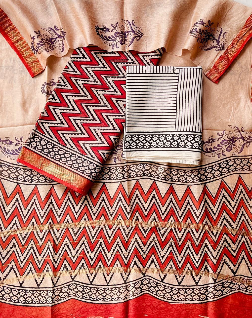 Maheshwari Silk Suit Set – Red & Black Zigzag Pattern with Cotton Bottom