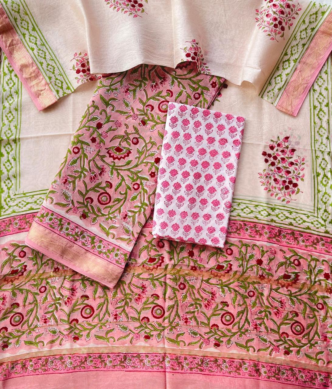 Maheshwari Silk Suit Set – Pink & Red Floral Handblock with Cotton Bottom