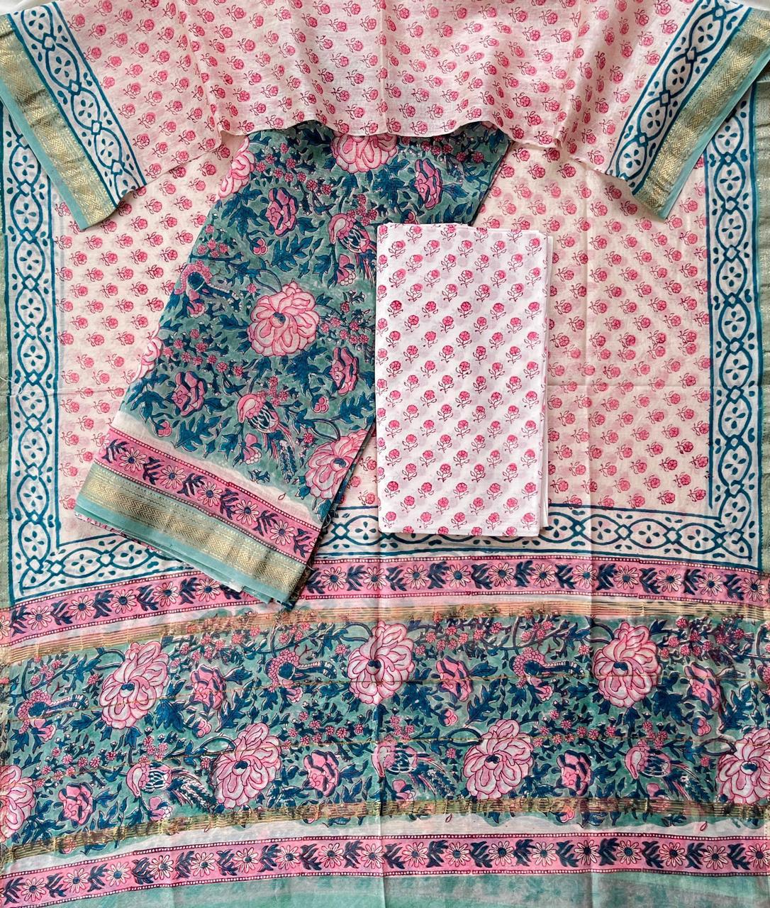 Maheshwari Silk Unstitched Suit Set – Pastel Green & Pink Floral Design