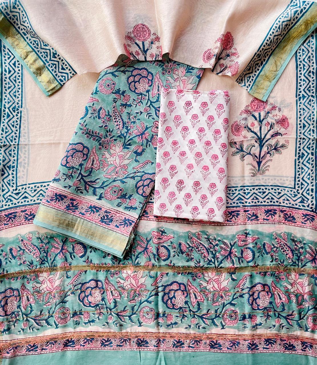 Maheshwari Silk Suit Set – Pink & Red Floral Handblock with Cotton Bottom
