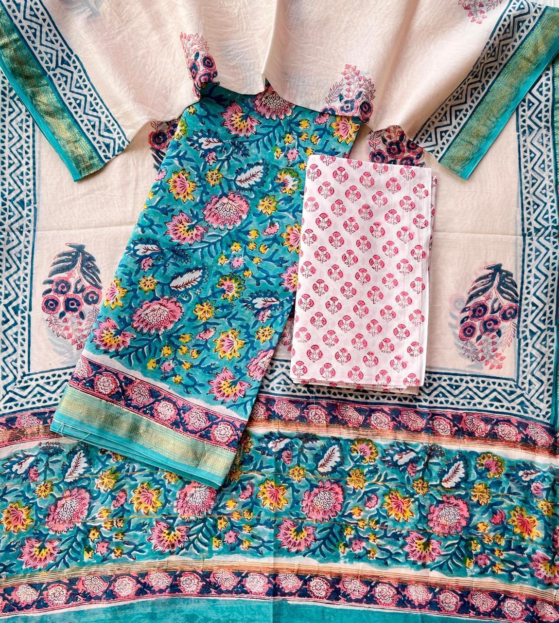 Maheshwari Silk Suit Set – Red & Black Zigzag Pattern with Cotton Bottom