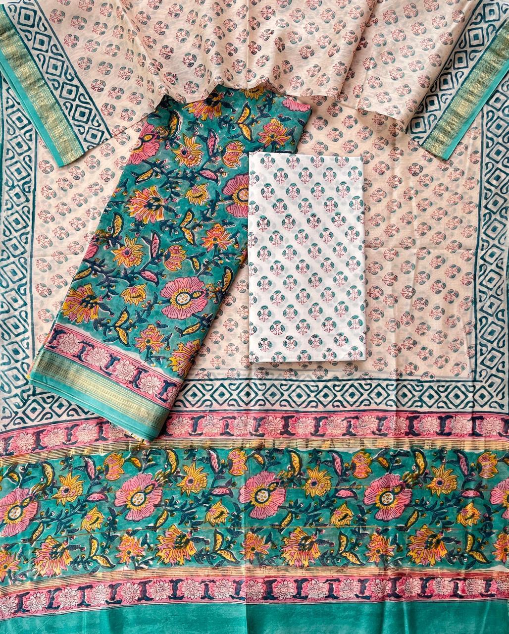 Maheshwari Silk Unstitched Suit Set – Pastel Green & Pink Floral Design