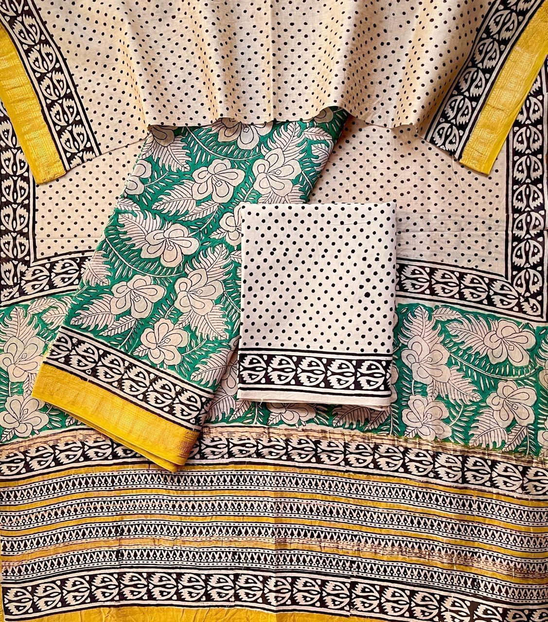 Maheshwari Silk Suit Set – Polka Dot & Green Floral with Yellow Zari Accents