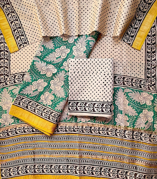 Maheshwari Silk Suit Set – Polka Dot & Green Floral with Yellow Zari Accents