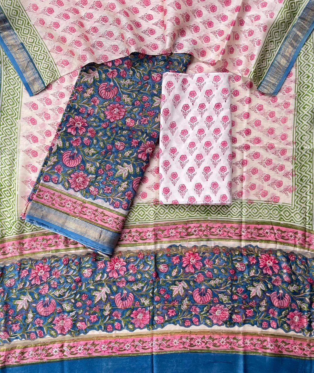 Maheshwari Silk Unstitched Suit Set – Pastel Green & Pink Floral Design