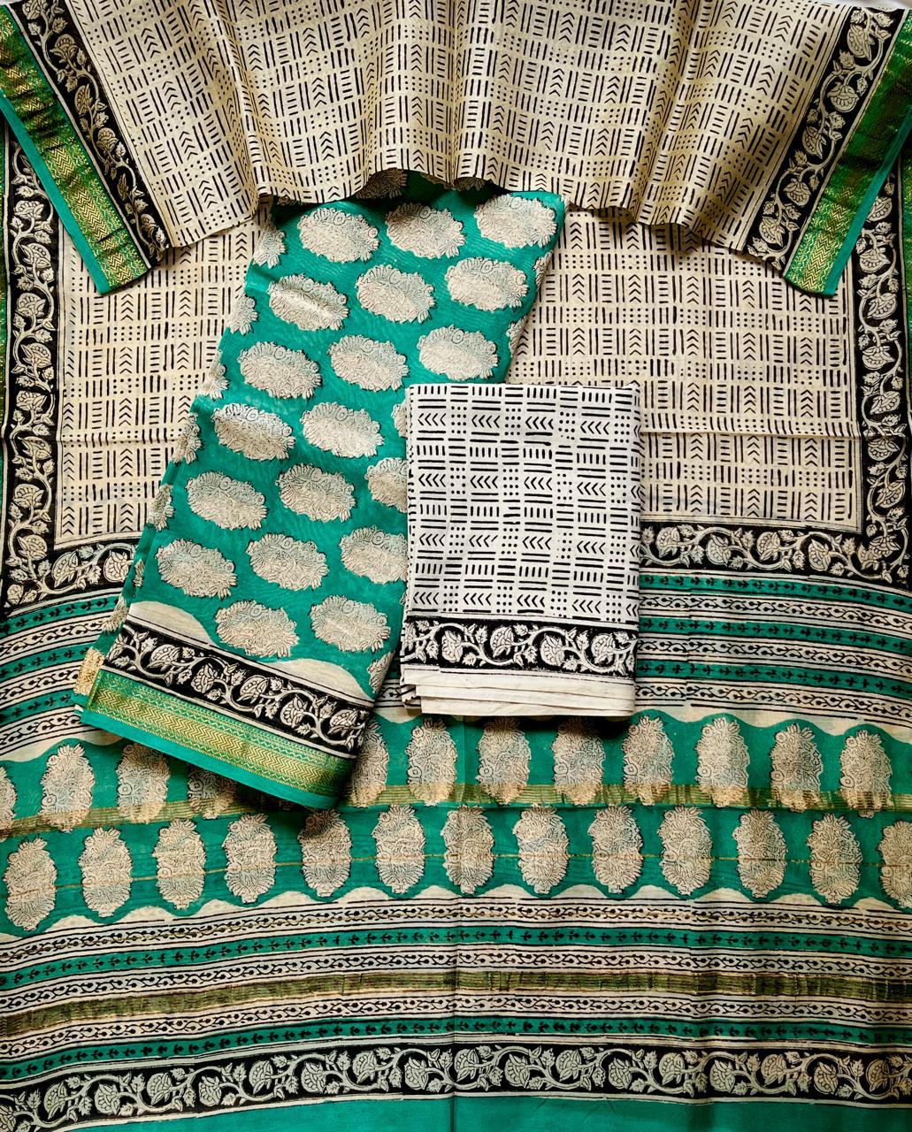 Maheshwari Silk Unstitched Suit Set – 3 Piece (Top, Dupatta & Cotton Bottom)