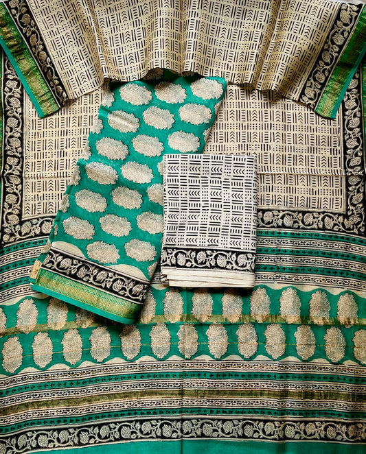 Maheshwari Silk Unstitched Suit Set – 3 Piece (Top, Dupatta & Cotton Bottom)