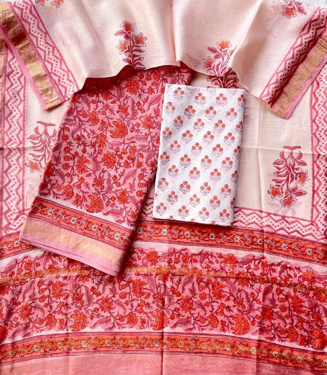 Maheshwari Silk Suit Set – Pink & Red Floral Handblock with Cotton Bottom