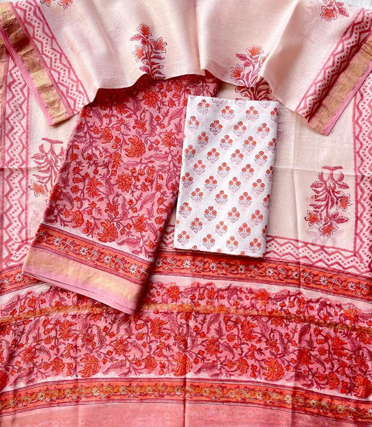 Maheshwari Silk Suit Set – Pink & Red Floral Handblock with Cotton Bottom