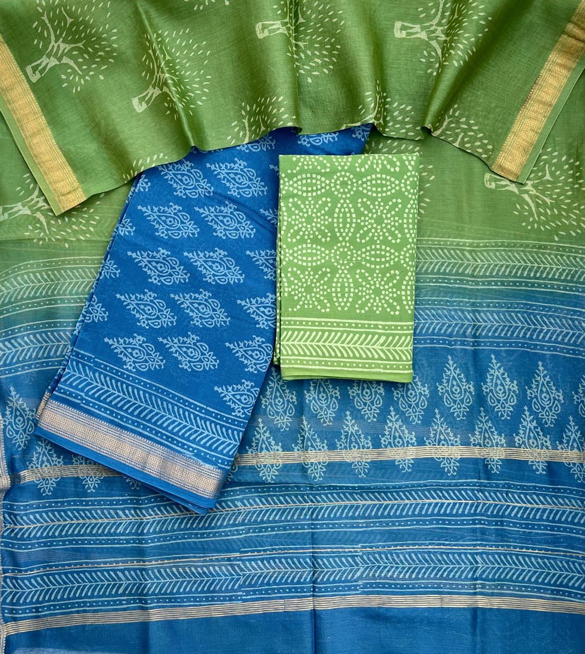 Green & Blue Maheshwari Silk Suit Set – Unstitched 3-Piece with Bandhani Cotton Bottom