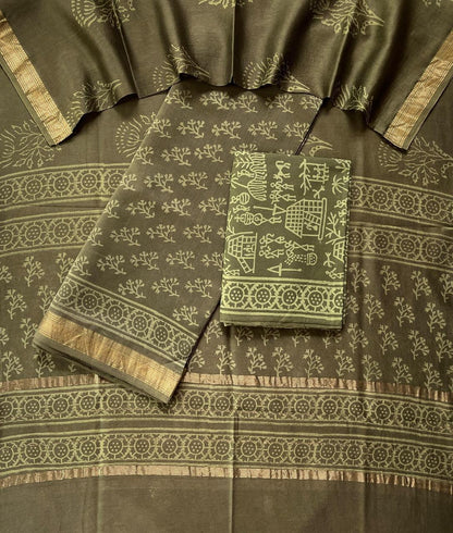 Teal Blue Maheshwari Silk Suit Set with Warli Art Cotton Bottom – Unstitched 3-Piece Set